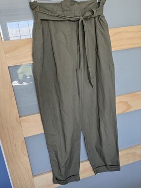 Zara Olive High-Waist Paperbag Chinos with Tie Belt